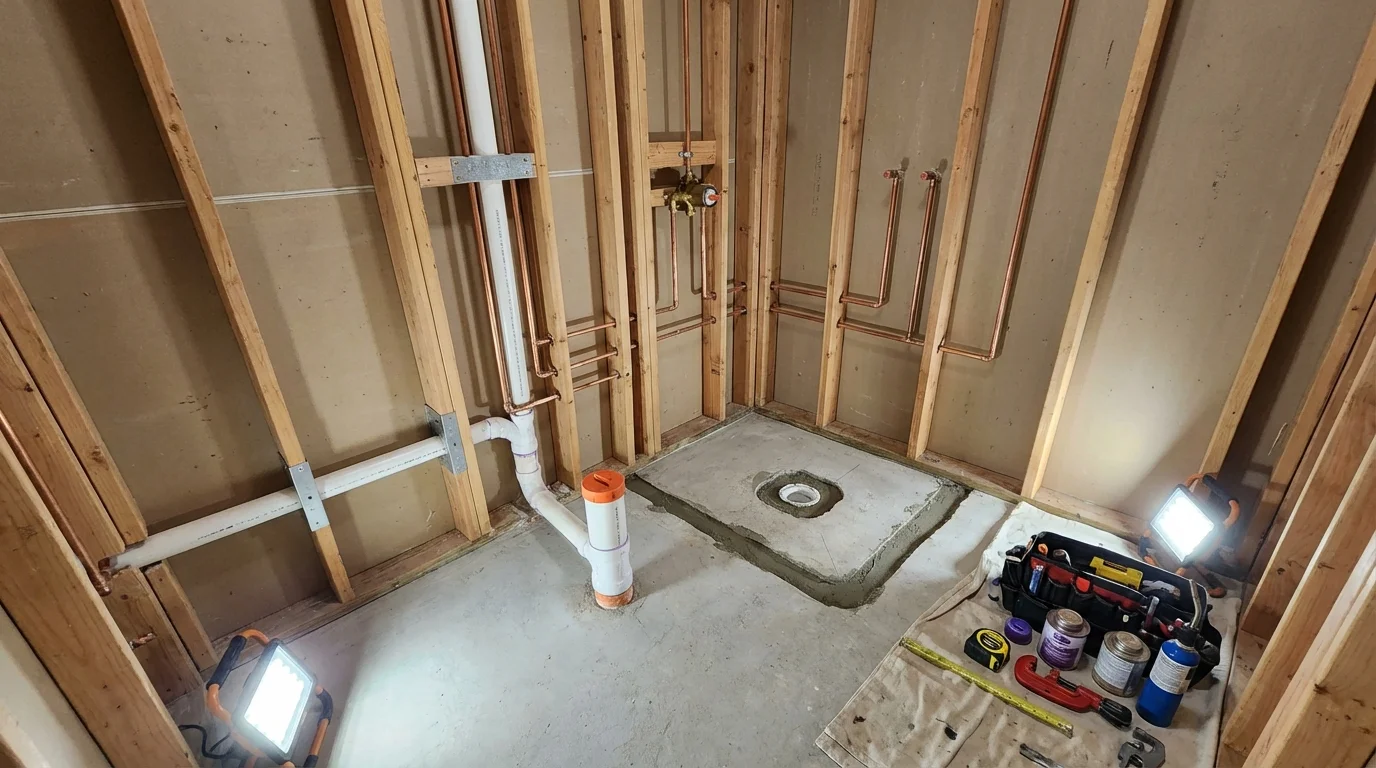 Bathroom rough-in plumbing during remodel by Johns Plumbing LLC in Boulder City