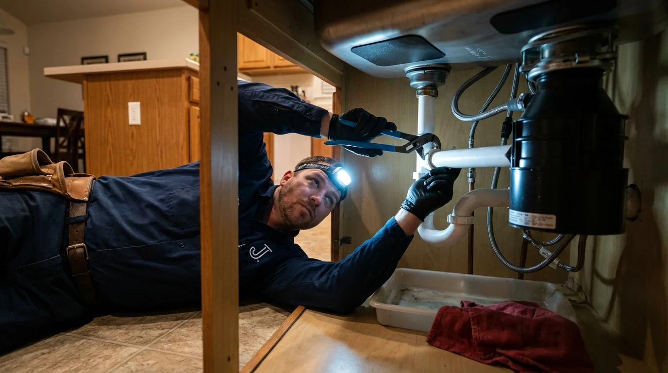 P-trap and supply line connections under a kitchen sink showing a common leak point in Boulder City, NV